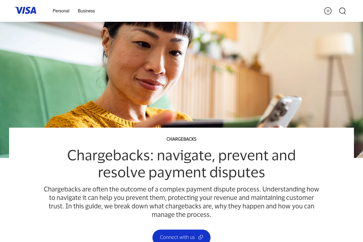 Screenshot of https://corporate.visa.com/en/solutions/acceptance/chargebacks.html