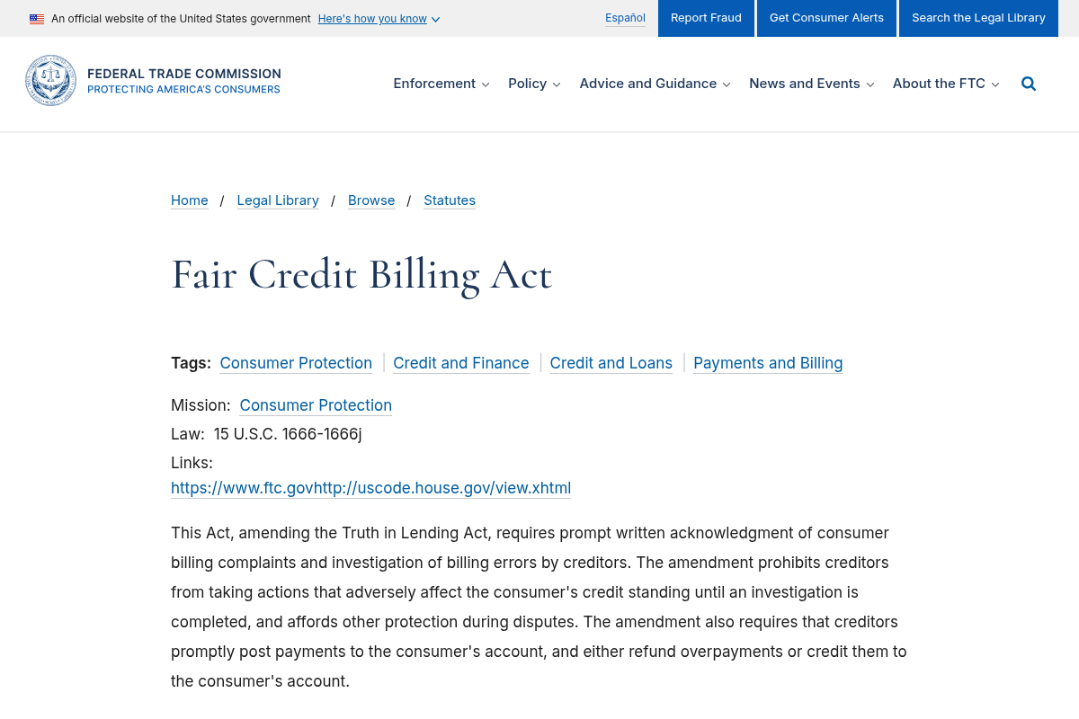 Screenshot of https://www.ftc.gov/legal-library/browse/statutes/fair-credit-billing-act