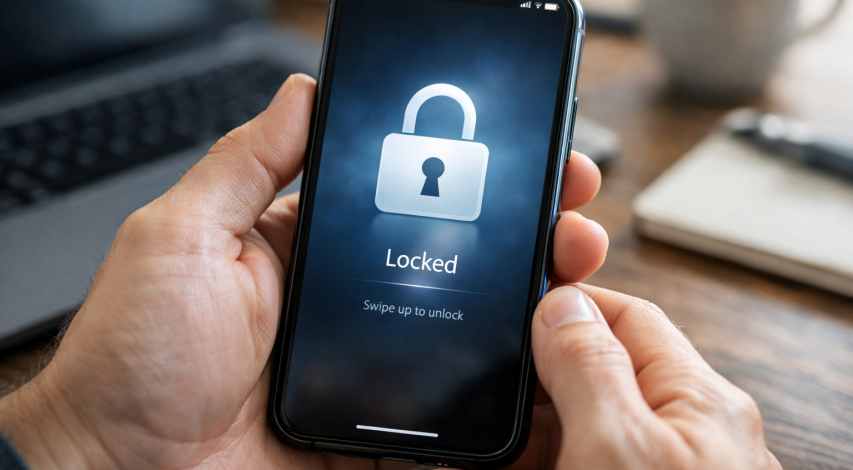 Locked credit card with warning symbol