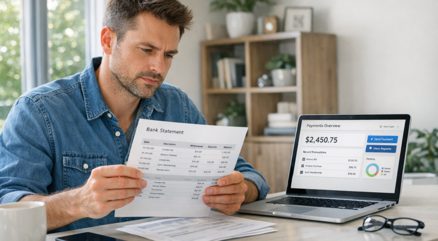 Person reviewing credit card statement details carefully