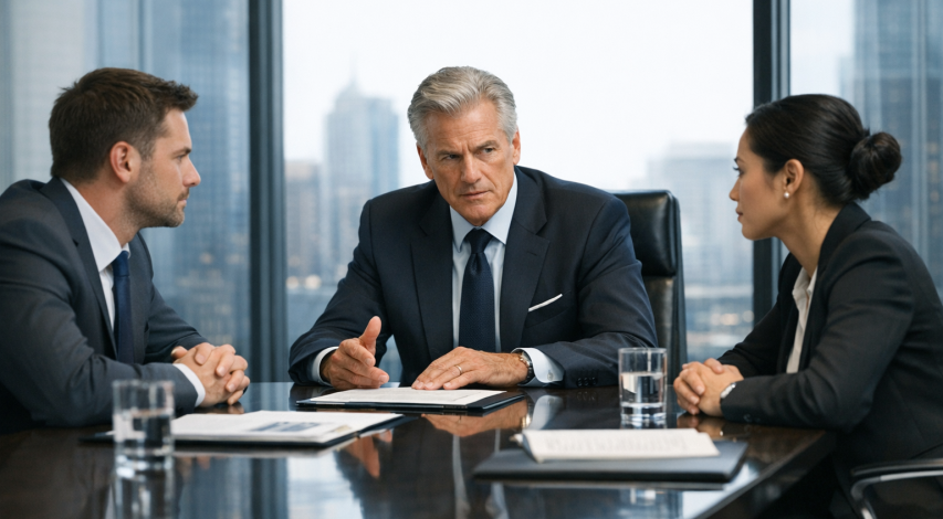 Bank executives reviewing stand-in processing controls