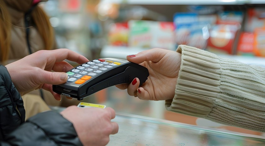 Person tapping card at checkout terminal