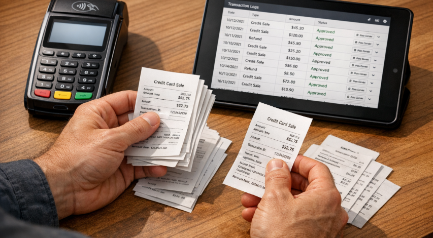 Merchant reviewing card transaction fraud patterns