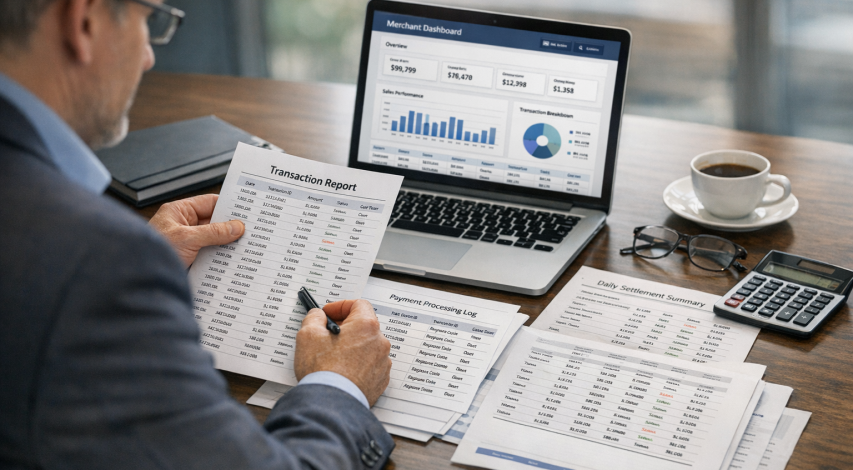 Merchant reviewing transaction records and documentation