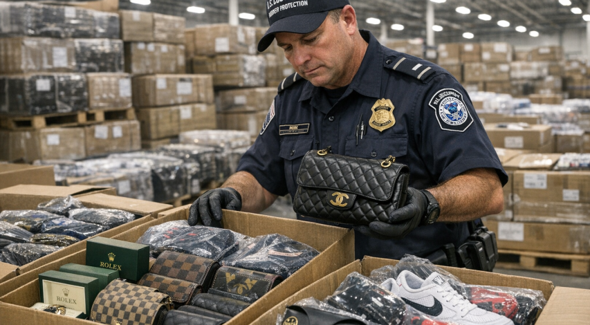 Law enforcement seizing counterfeit goods