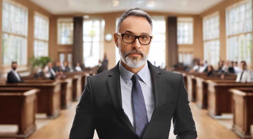 Lawyer presenting defense documents in court