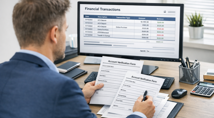 Person reviewing transaction records on screen