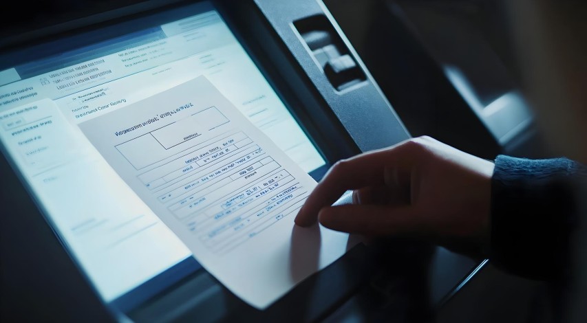 Person frustrated at ATM machine outdoors