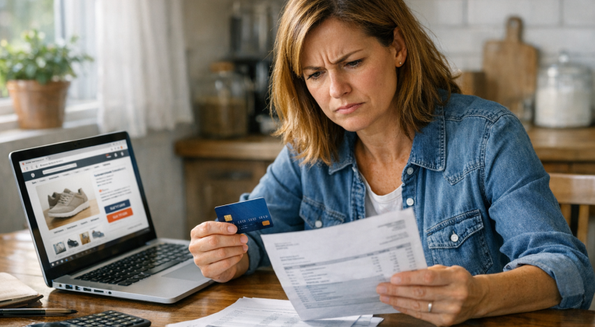 Confused cardholder reviewing unfamiliar transaction statement