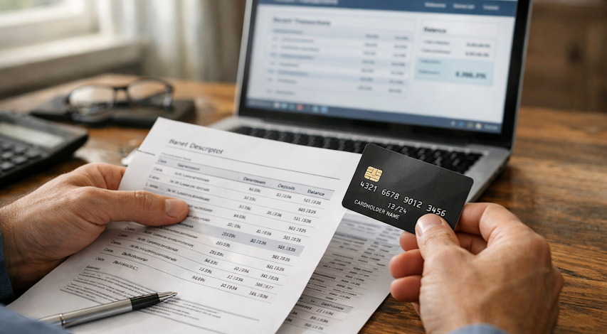 Confused cardholder reviewing unfamiliar bank statement