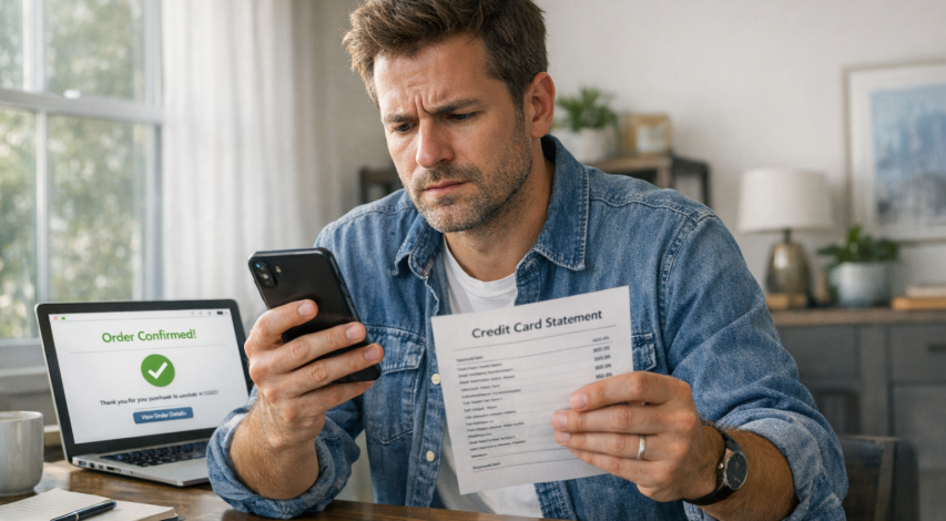Confused cardholder reviewing unfamiliar bank statement