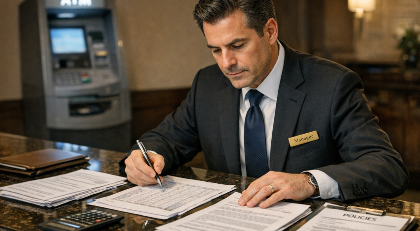Person reviewing financial documents at desk