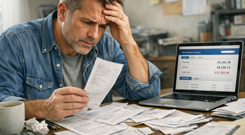 Cardholder reviewing disputed currency transaction paperwork