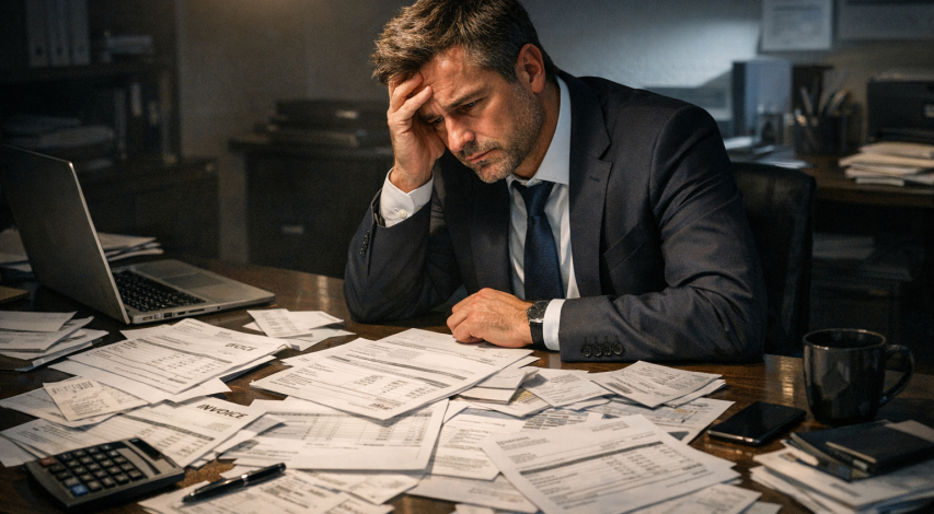 Stressed person reviewing duplicate billing statements