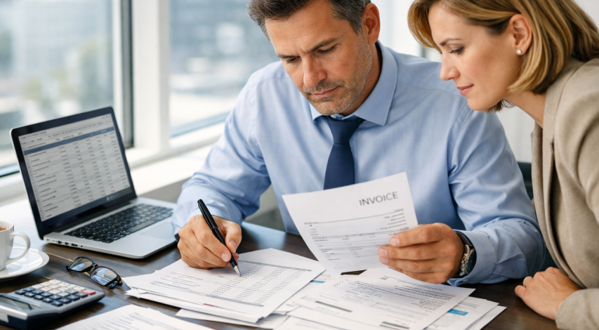 Person reviewing bank statements for duplicates