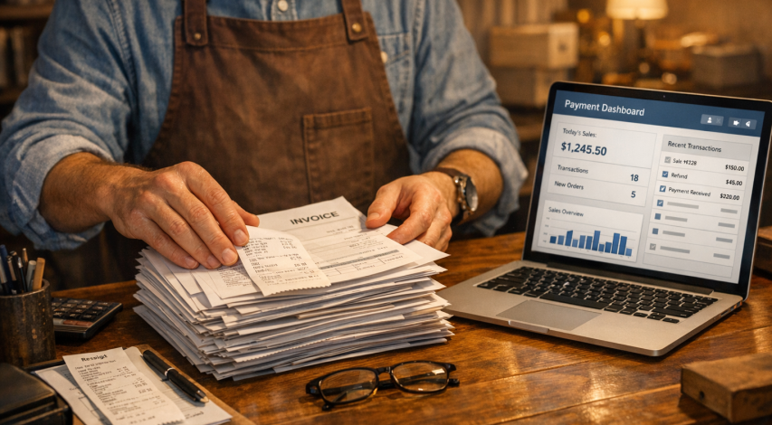 Merchant reviewing transaction receipt and records