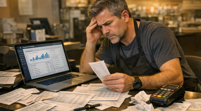 Frustrated person reviewing confusing credit card statement