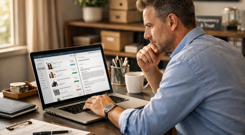 Merchant reviewing product listing accuracy online
