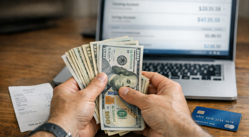 Person reviewing financial transaction documents closely