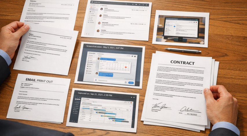 Person building case with documents and evidence