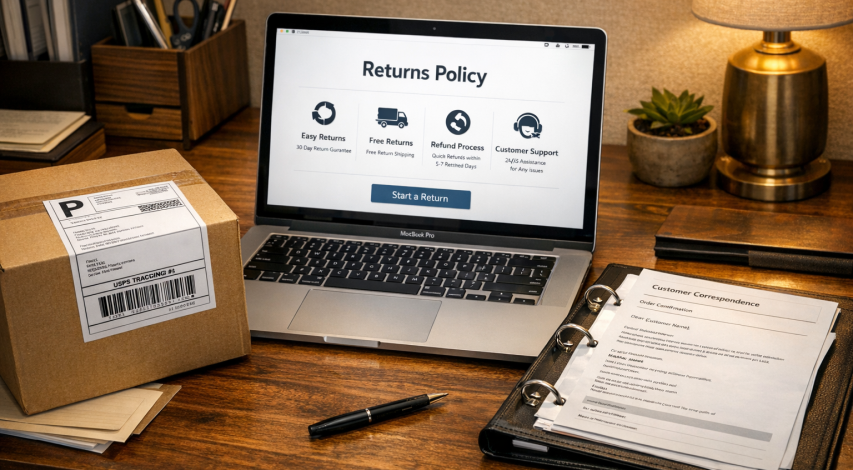 Business owner reviewing return policy documents