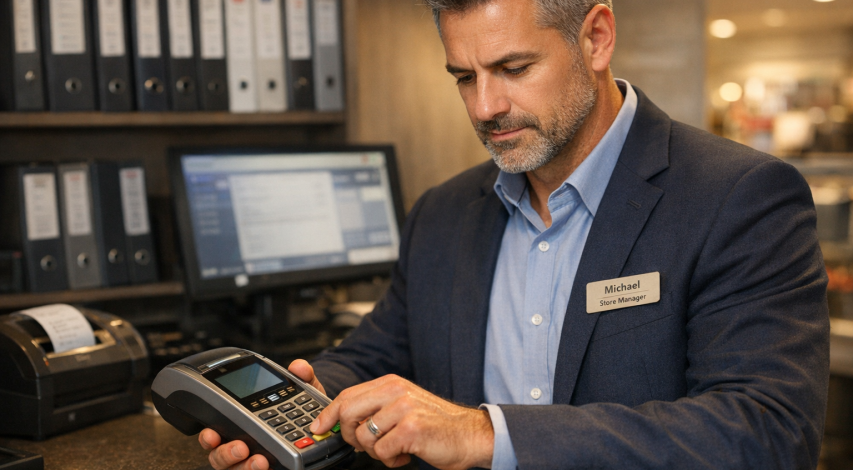 Merchant reviewing online transaction security measures
