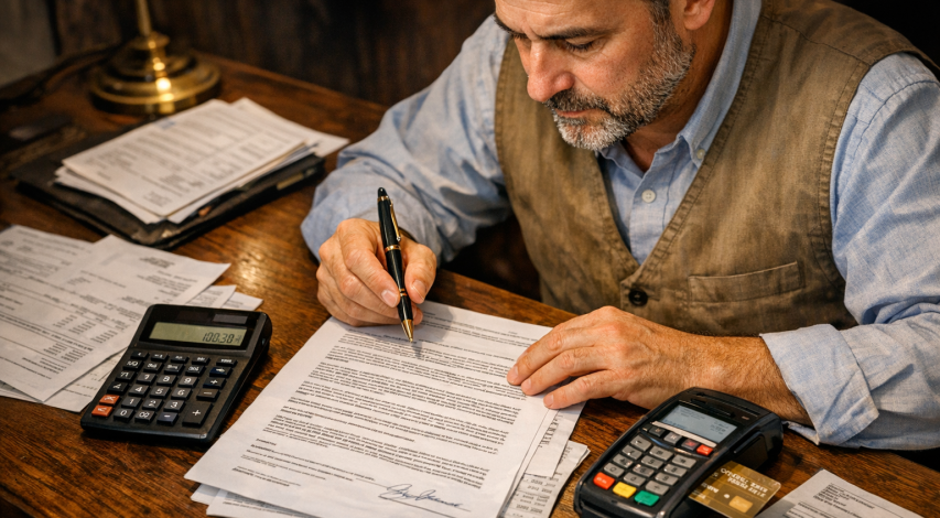 Merchant reviewing chargeback service pricing contract