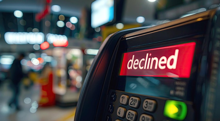 Person holding declined credit card at terminal