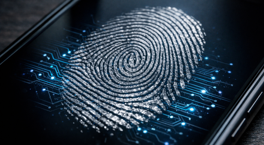 Fingerprint overlaid on digital security shield