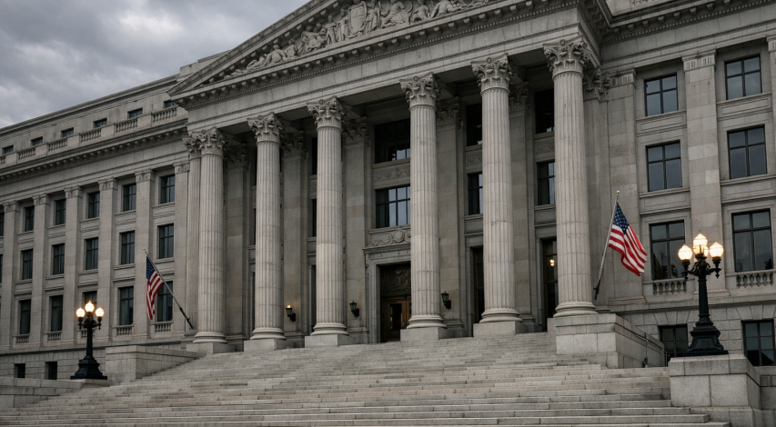 Federal courthouse with American flag outside
