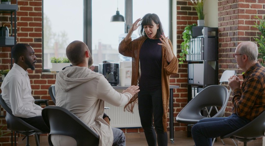Employees discussing workplace dispute resolution process
