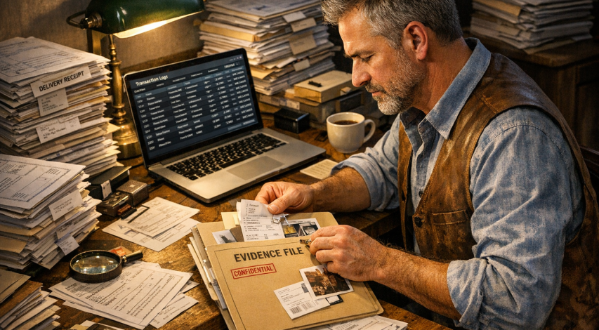 Merchant reviewing chargeback dispute documents carefully