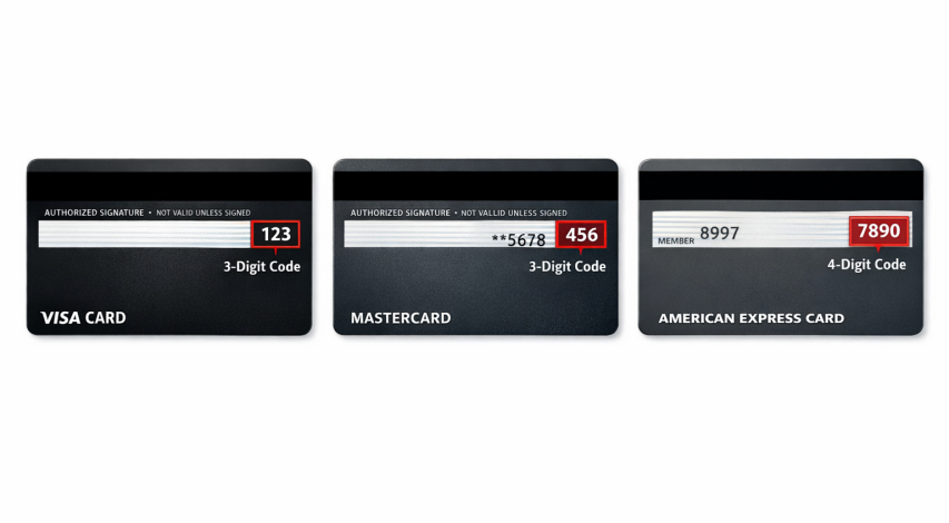Three credit cards showing CVV locations