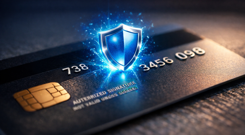 Person protecting credit card from threats