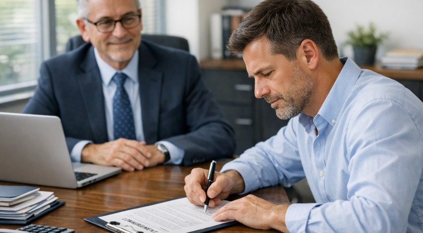 Person reviewing credit card contract documents