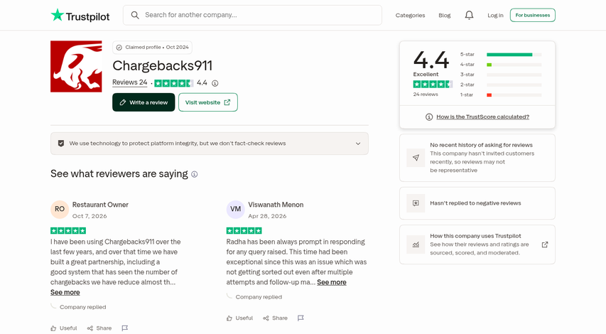 Chargeback911 pricing page on website