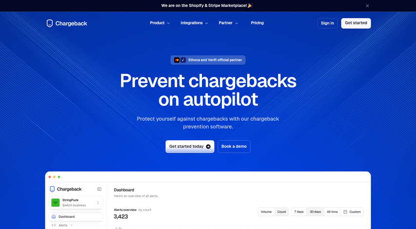 Chargeback prevention software dashboard interface screenshot